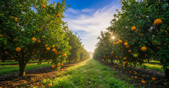 Orchard rows with bulk bins and produce boxes waiting between the trees